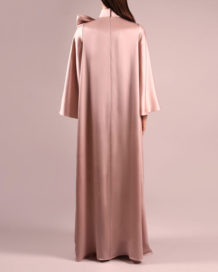 Long-sleeve satin gown with oversized neck bow – BLUSH