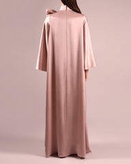 Long-sleeve satin gown with oversized neck bow – BLUSH