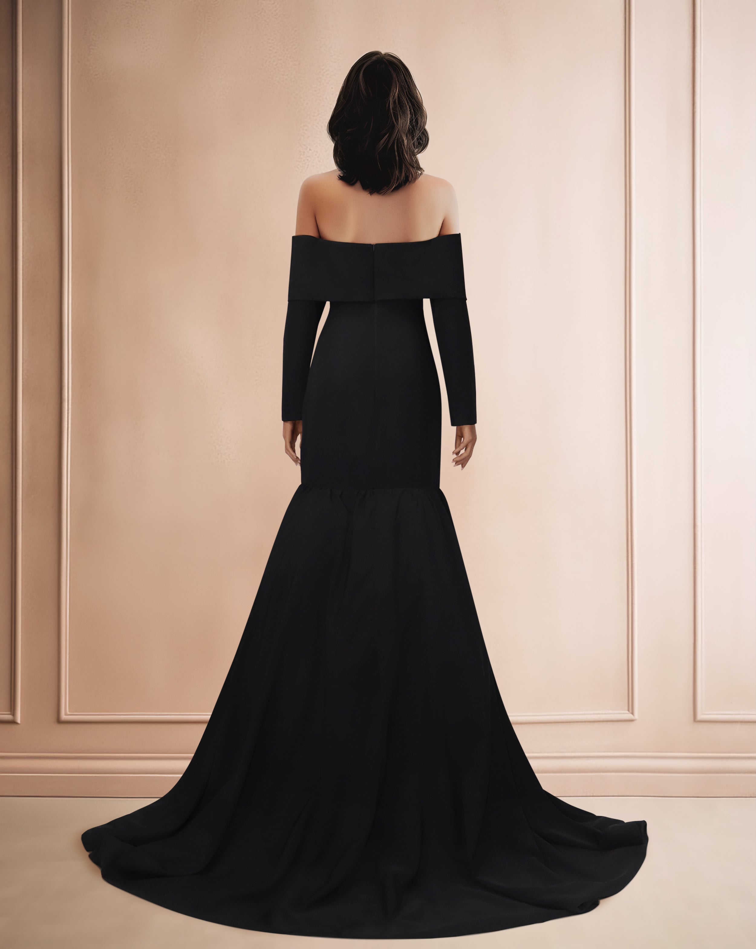 Strapless black dress with 3D flowers and a train