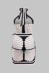 Abstract Floral Print Satin Ruched Halter Neck Strappy Backless Mini Dress