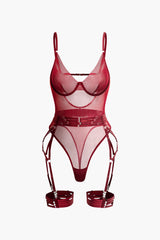 Sheer Mesh Belted Backless Bodysuit With Glove