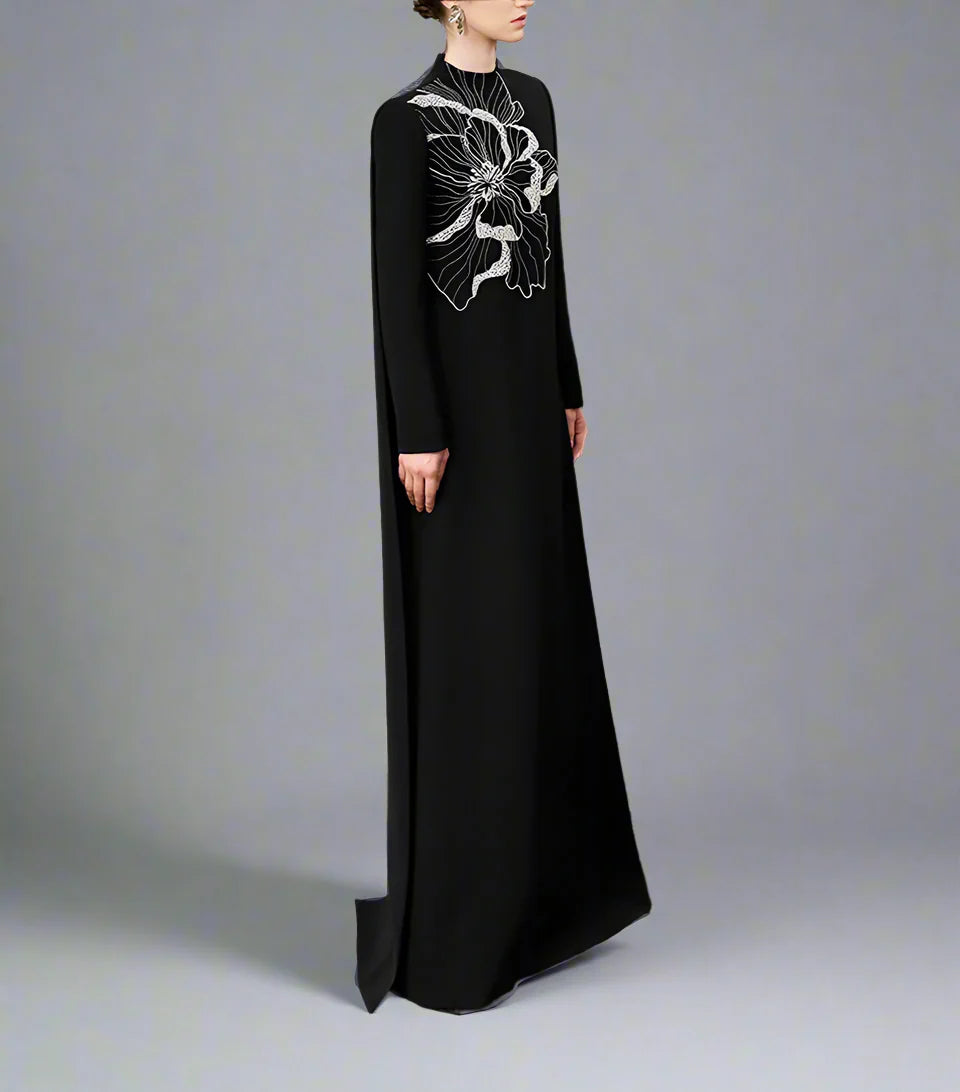 Long-sleeve flared dress with floral embellishment - BLOOM