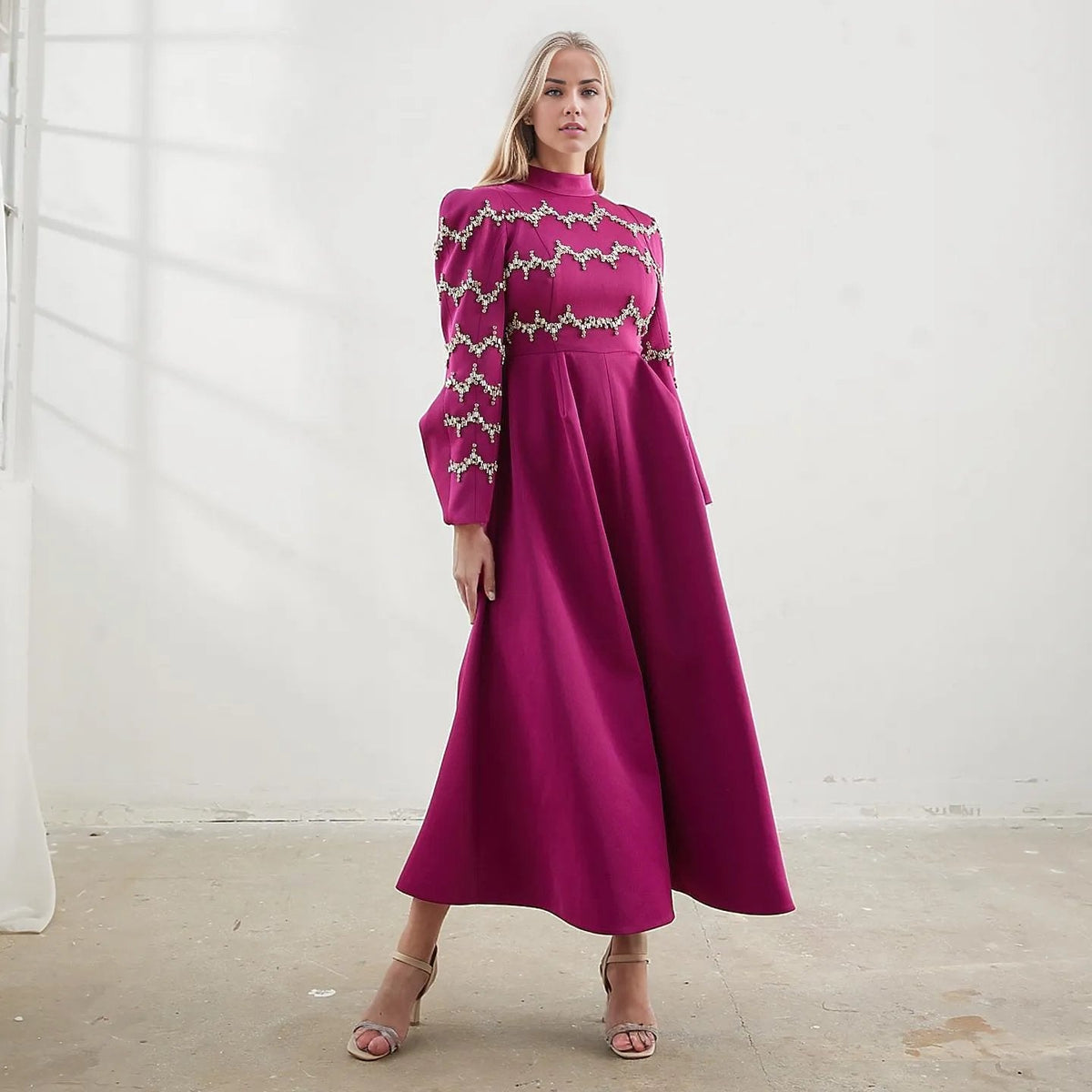 Embellished high-neck A-line midi dress – Silie