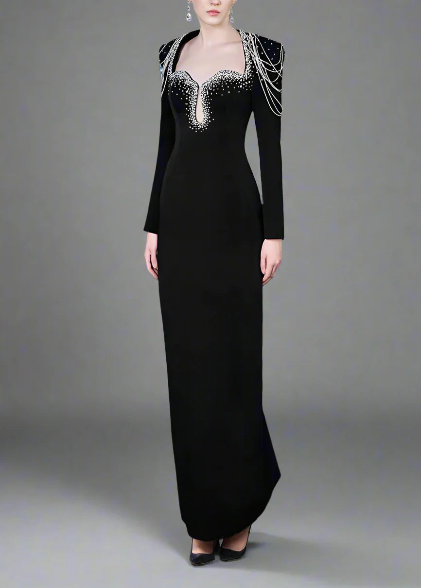 Long-Sleeve Column Dress with Beaded Shoulder Chains - ASTRA