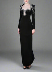 Long-Sleeve Column Dress with Beaded Shoulder Chains - ASTRA