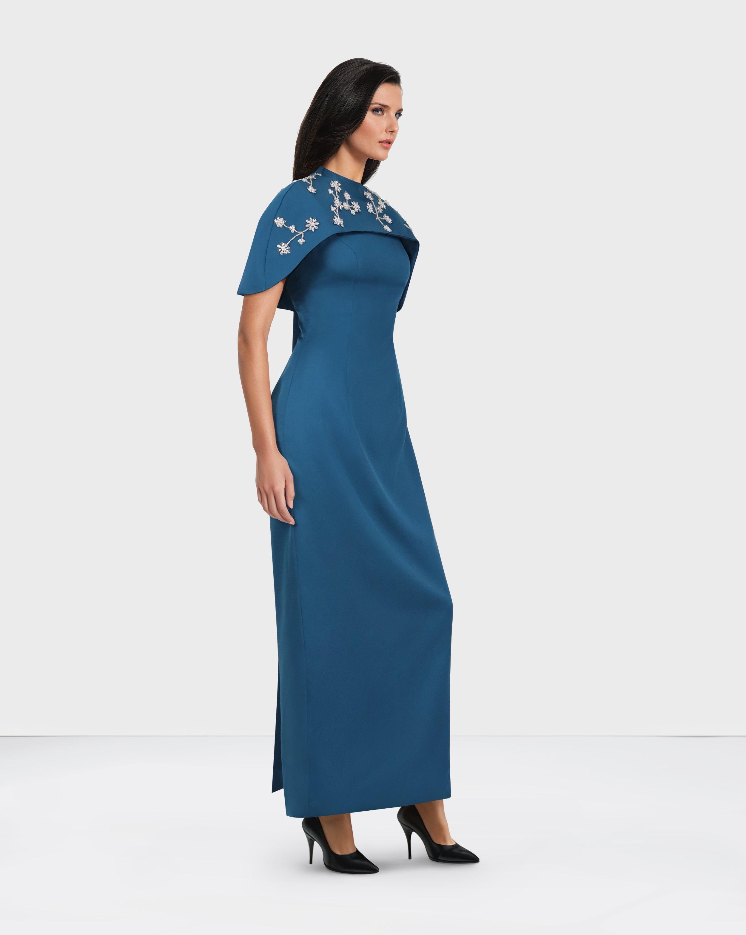 Blue column dress with beaded Capelet  - SURIYA