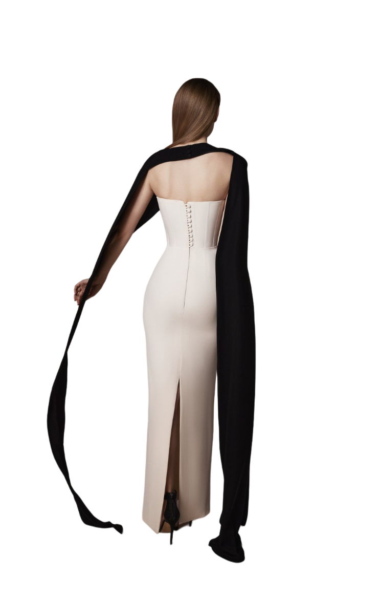 Strapless column gown with contrast cape – Ranen