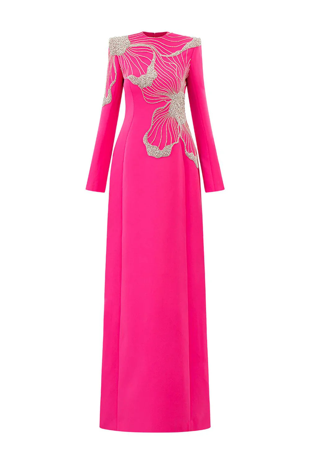 Long-Sleeve Gown with Embellished Floral Design - FUCHSIA