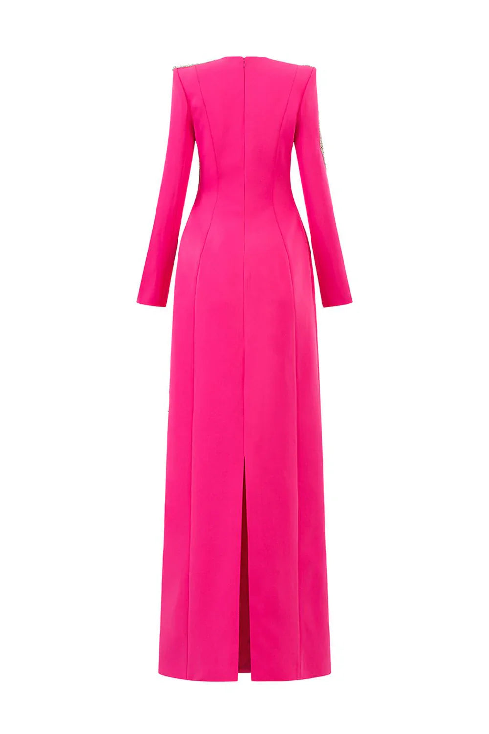 Long-Sleeve Gown with Embellished Floral Design - FUCHSIA
