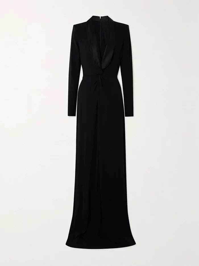 Plunging tuxedo gown with gathered waist – Zaydee