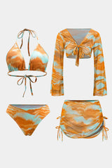Tie Dye Print Ruched Strappy Long Sleeve Top And Tie-Up Bikini And Tie Knot Cover Up Set