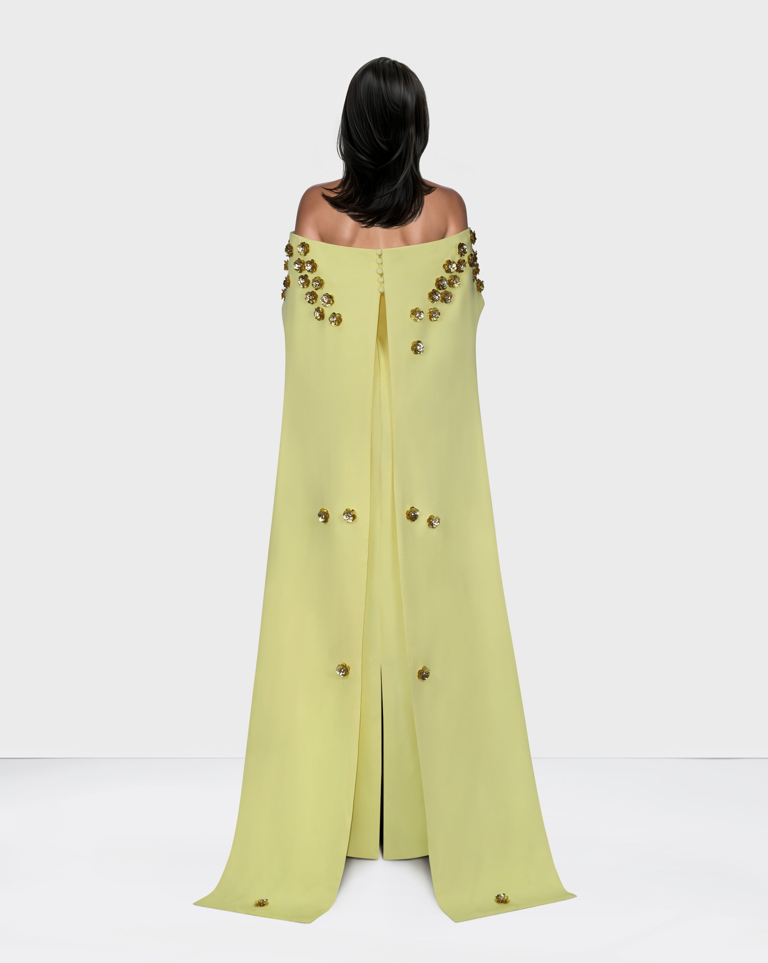 Strapless dress with back cape and 3D flowers - ZOSIME