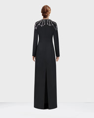 Black column dress with beaded shoulders and long sleeves - Telqo