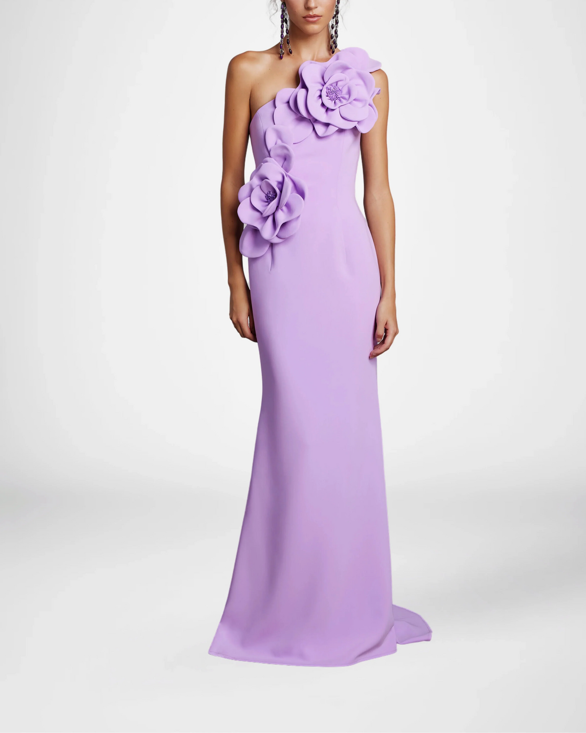One-shoulder column dress with oversized floral appliqués – LOLIA
