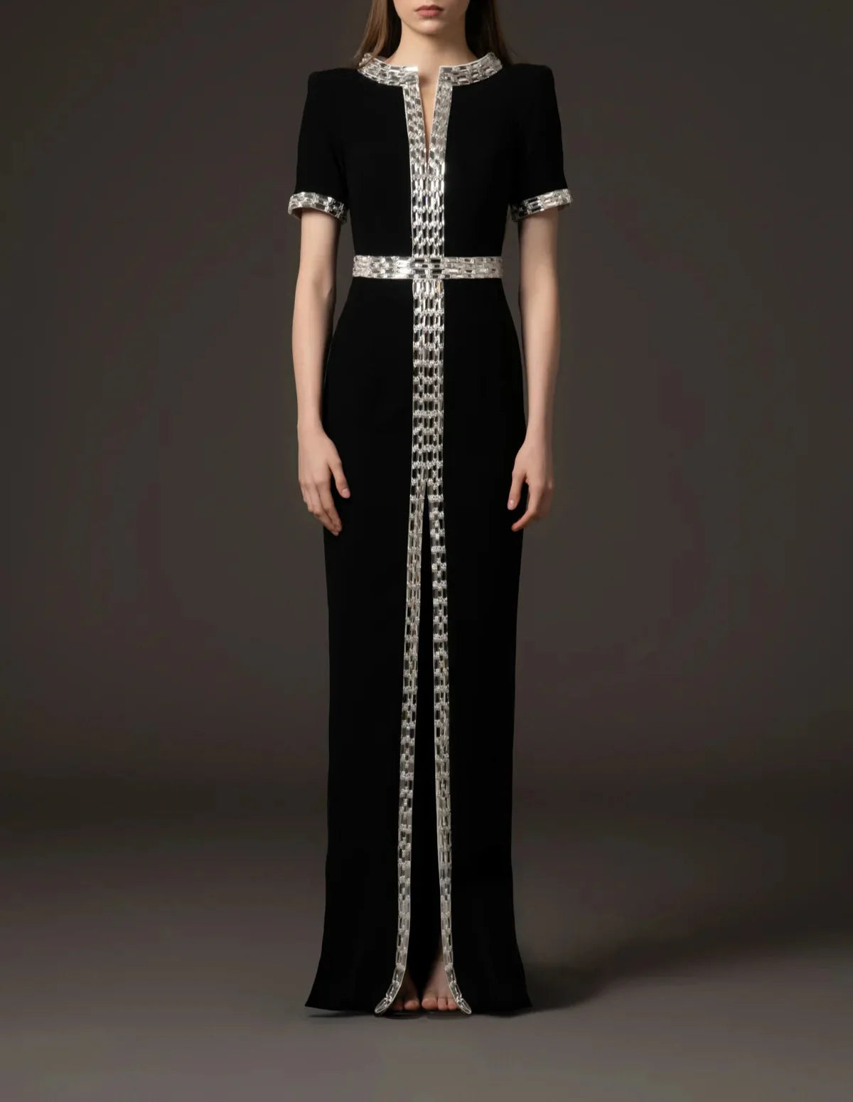 short-sleeve column dress with crystal belt trim – ASTVAR