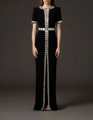 short-sleeve column dress with crystal belt trim – ASTVAR