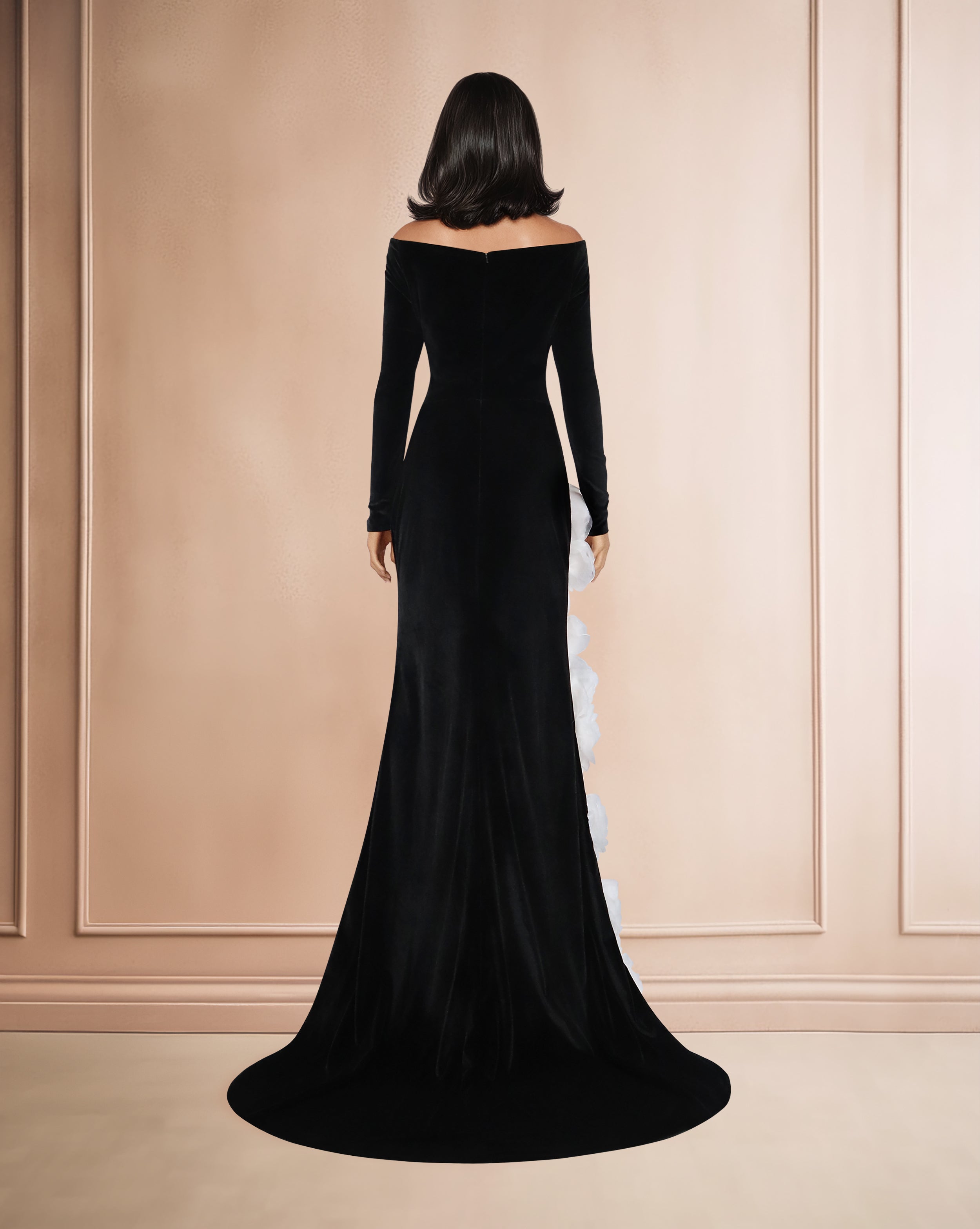 Shoulder-off column dress with 3D flowers and a train