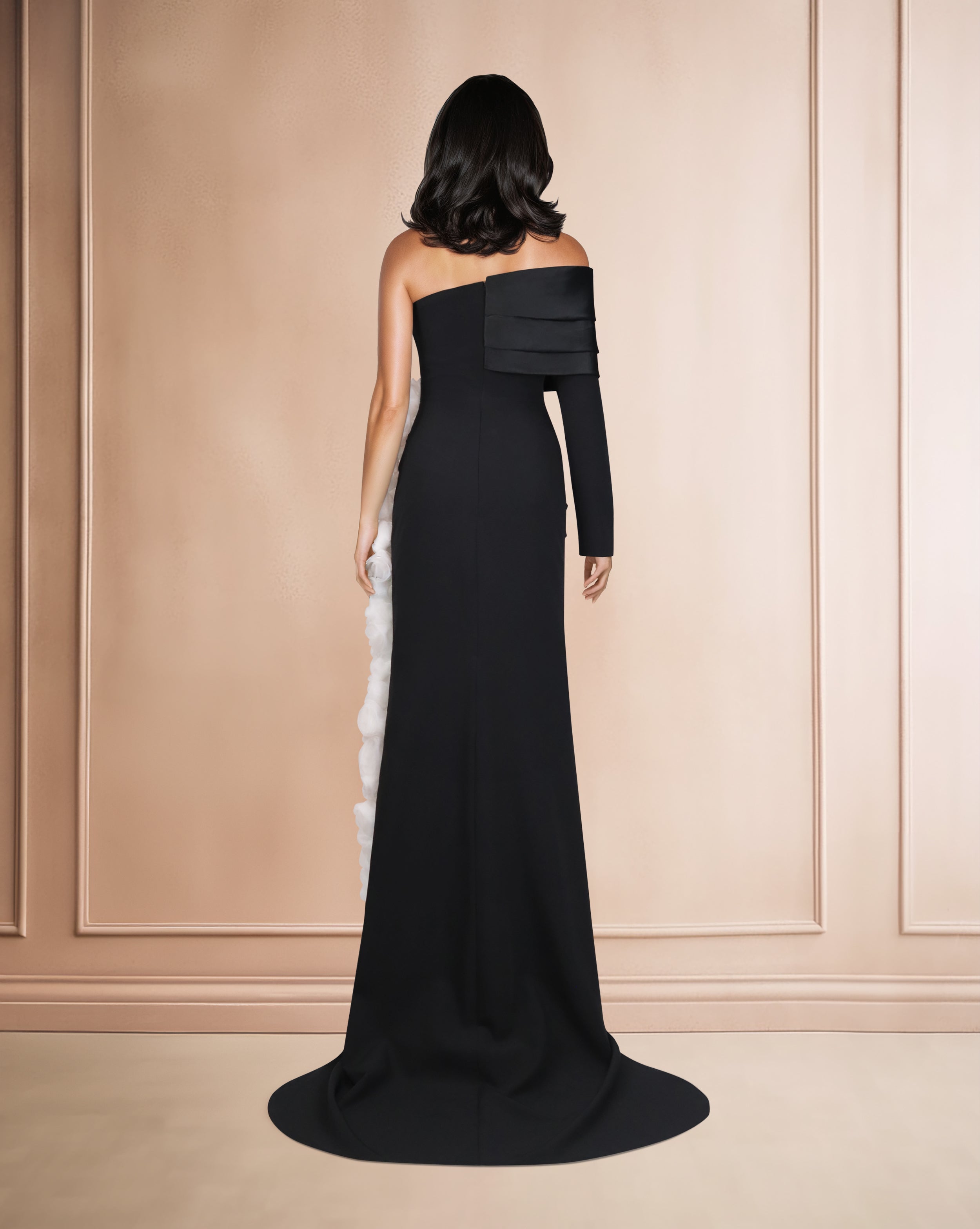 Strapless column dress with one sleeve and side 3D flowers