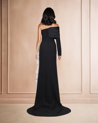 Strapless column dress with one sleeve and side 3D flowers
