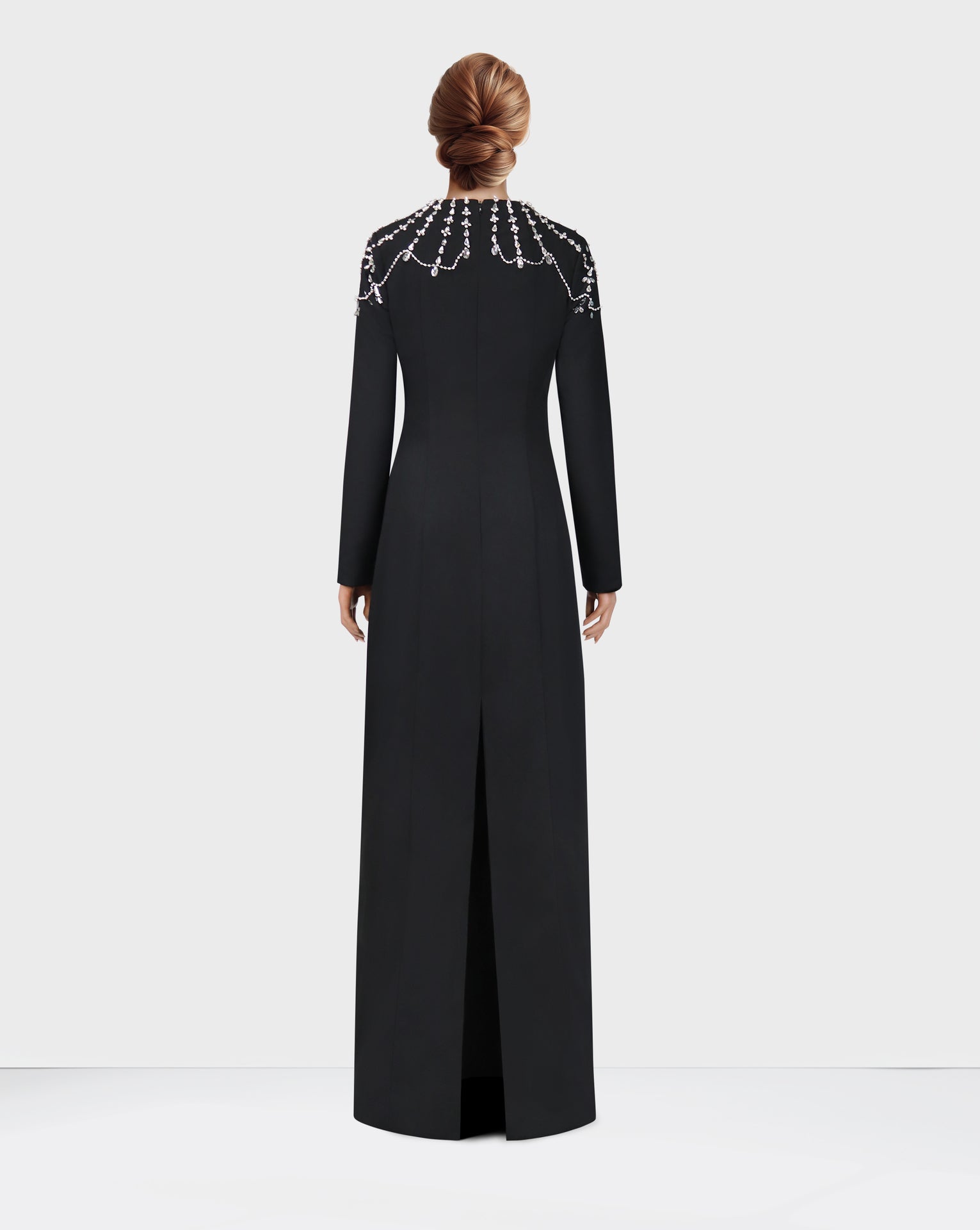 Black column dress with beaded shoulders and long sleeves - Telqo