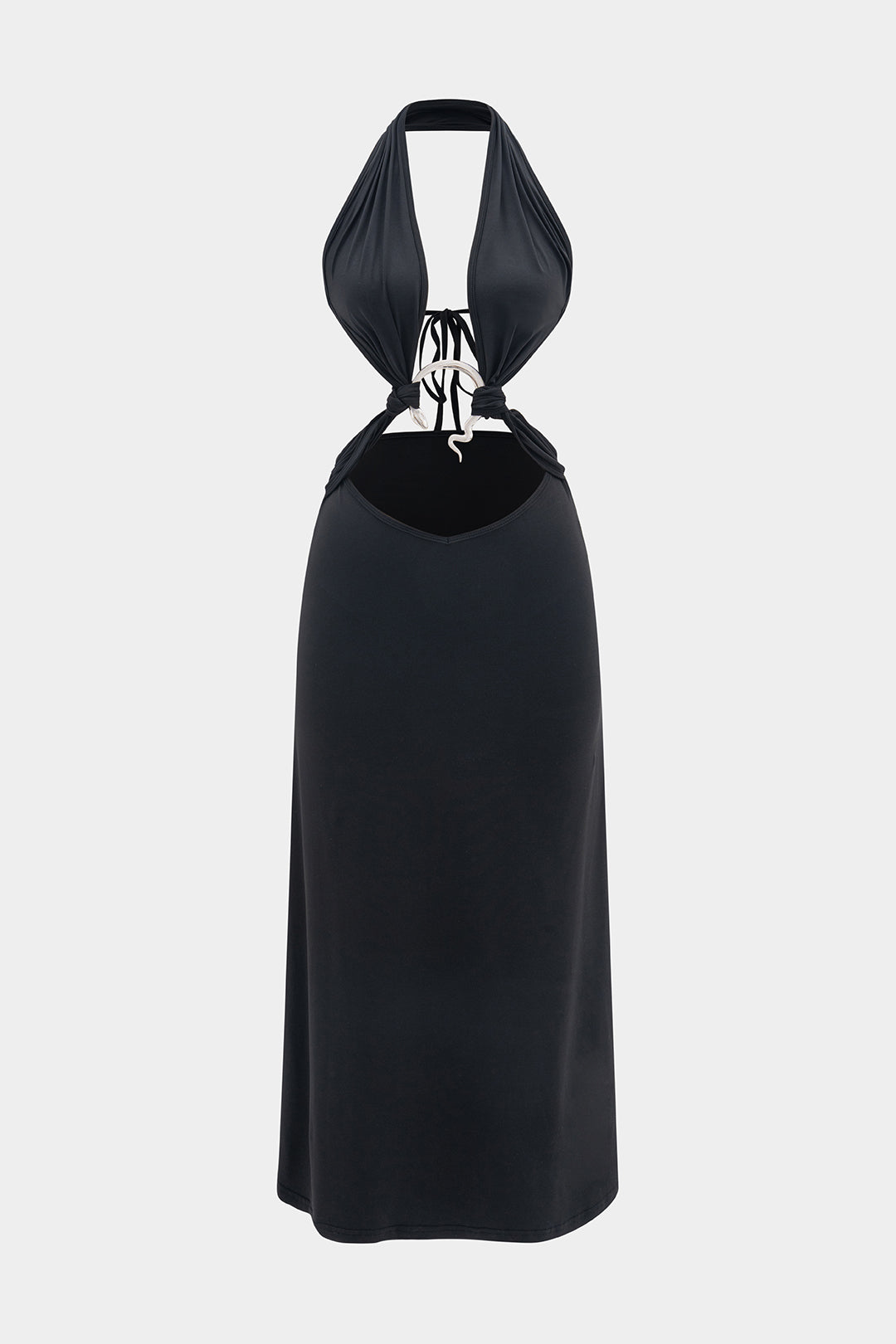 Halter V-Neck Metalic Decor Backless Sleeveless Midi Dress