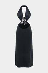 Halter V-Neck Metalic Decor Backless Sleeveless Midi Dress
