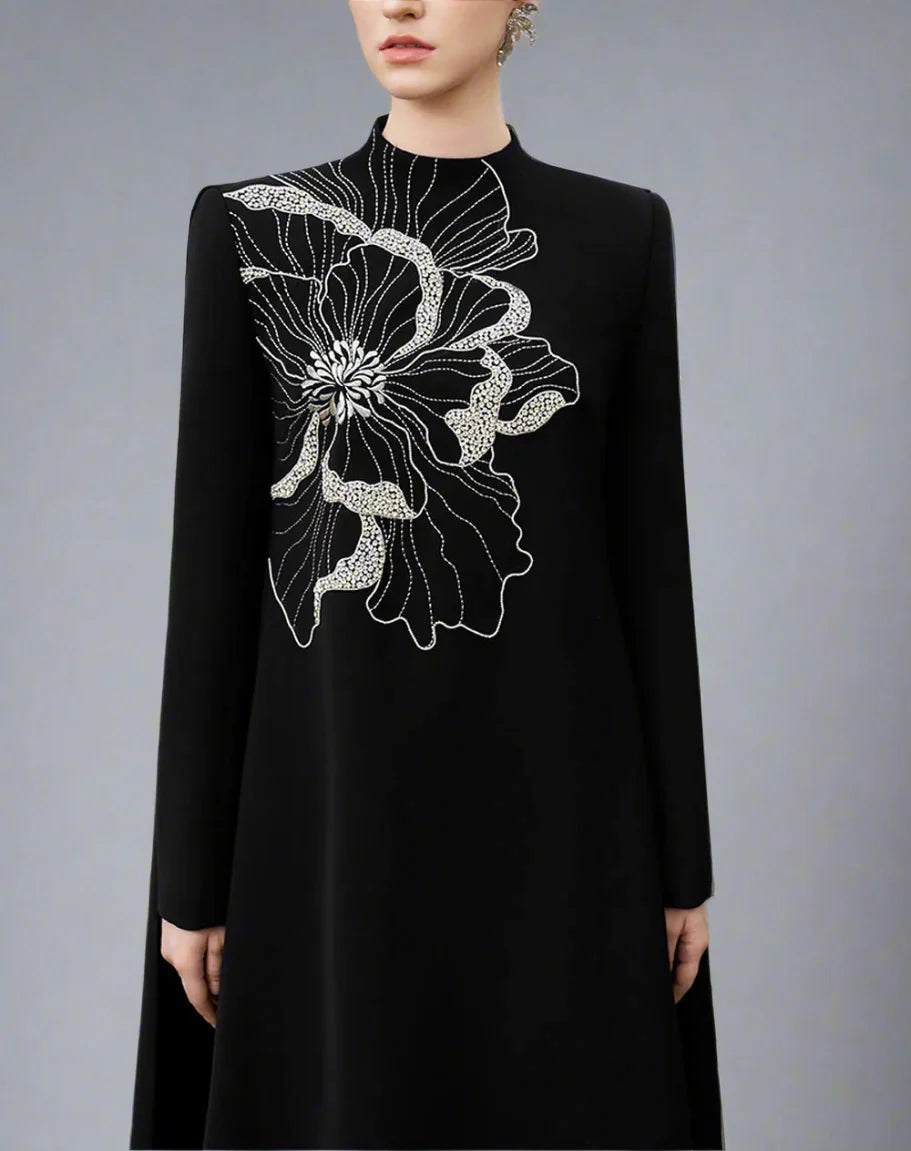 Long-sleeve flared dress with floral embellishment - BLOOM