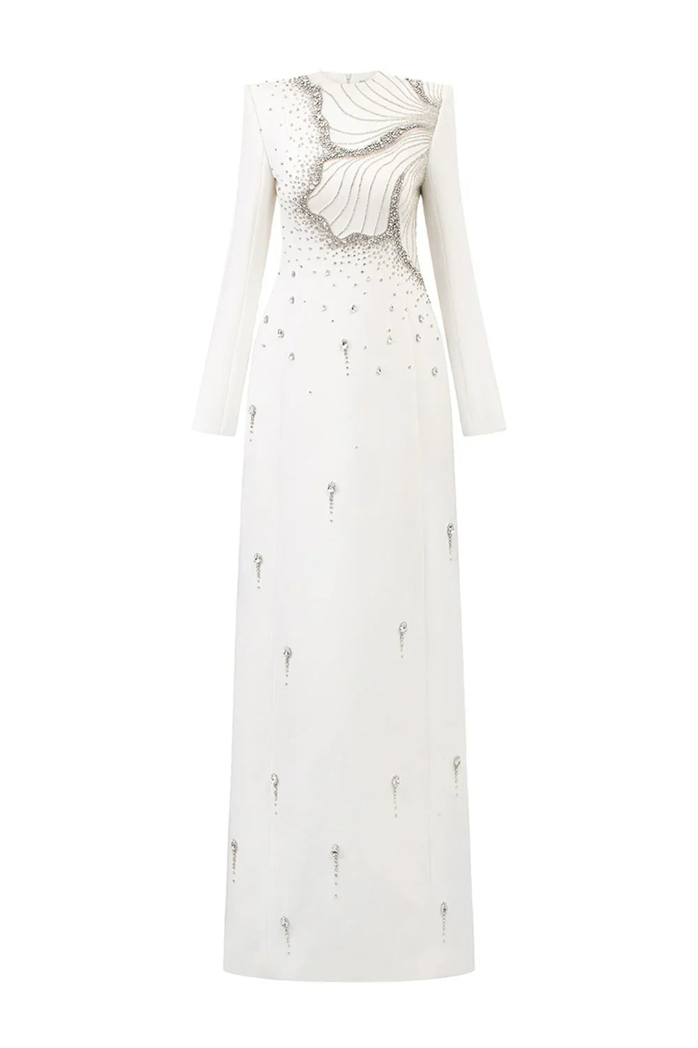 Long-Sleeve Column Dress with Embellished Floral Details - IVORY