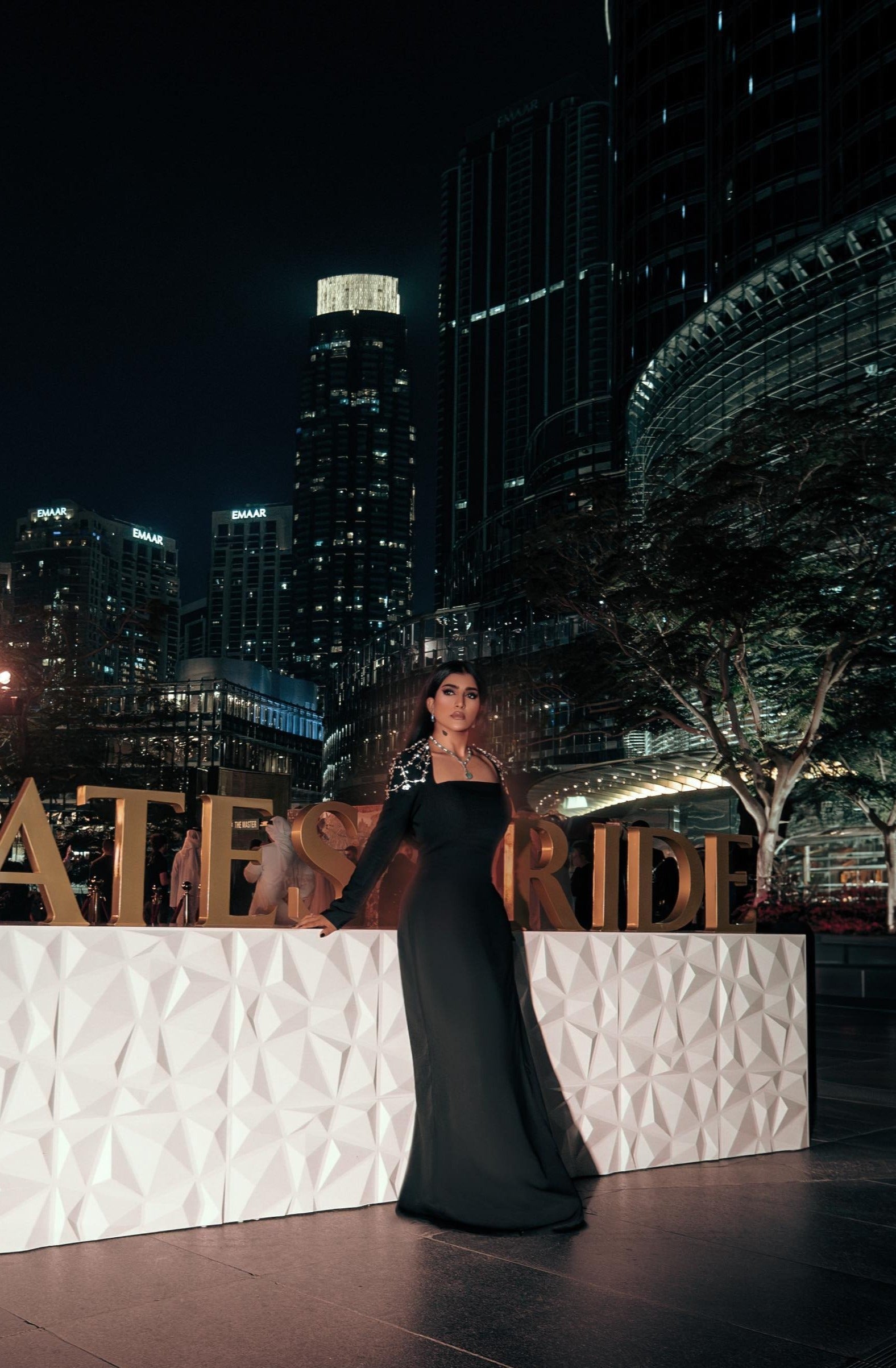 Black column dress with beaded shoulders and long sleeves - Telqo