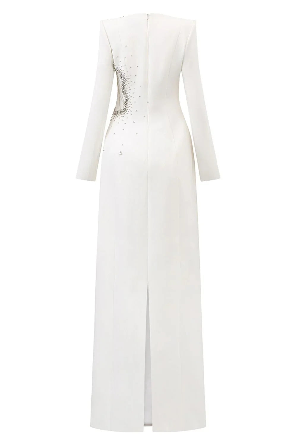 Long-Sleeve Column Dress with Embellished Floral Details - IVORY