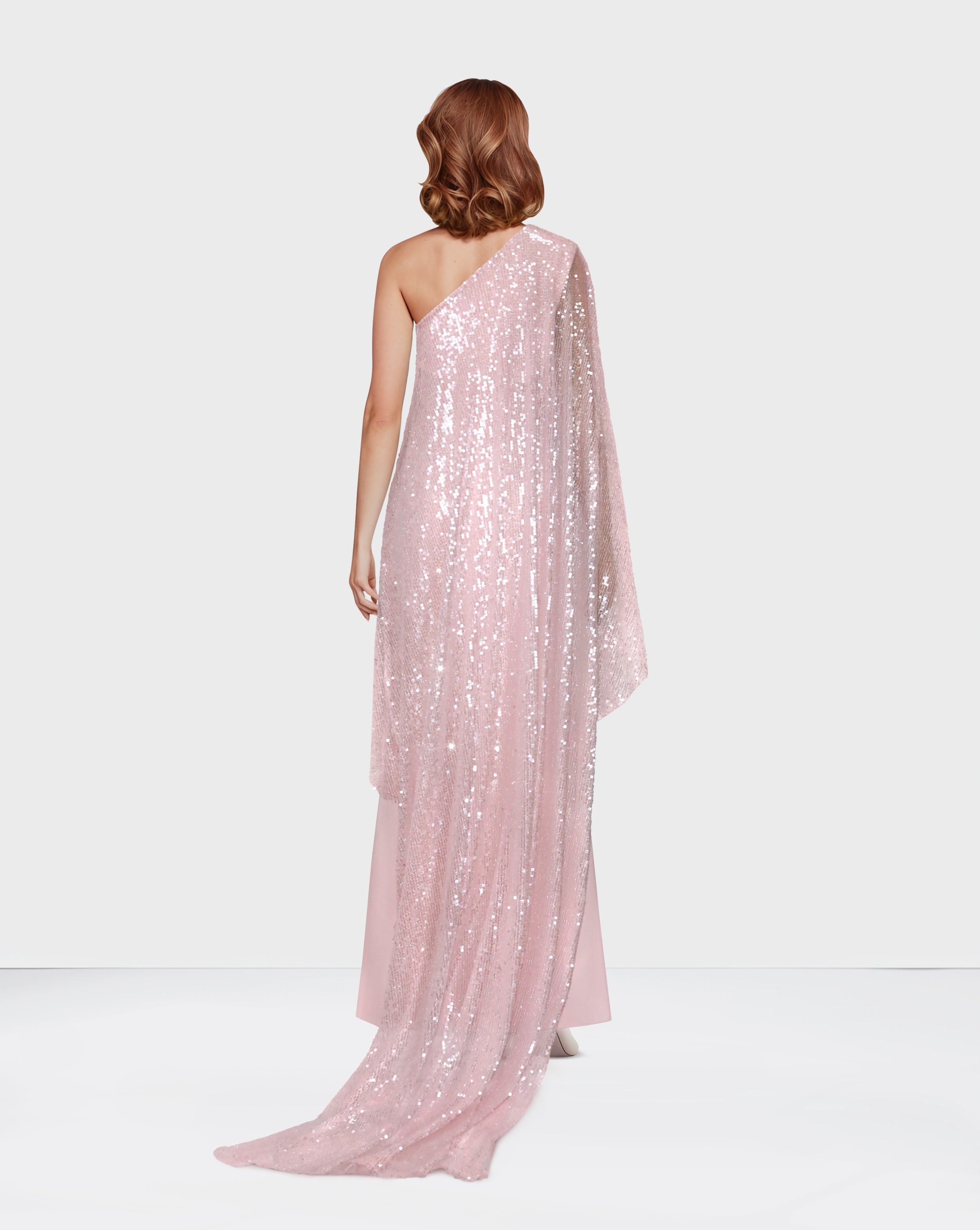 Off Shoulder  pink dress with sequined cape -Nardin