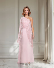 Off Shoulder  pink dress with sequined cape -Nardin