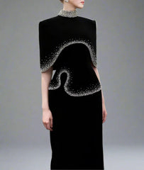 High-Neck Column Dress with Embellished Cape Detail - ELYSIA