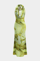 Tie Dye Print Backless Cowl Neck Maxi Dress