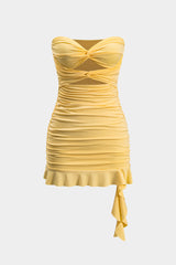 Ruffle Cut Out Twist Knot Strapless Mini Dress