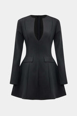 Solid V-neck Fake Pockets And Zipper Mini Dress