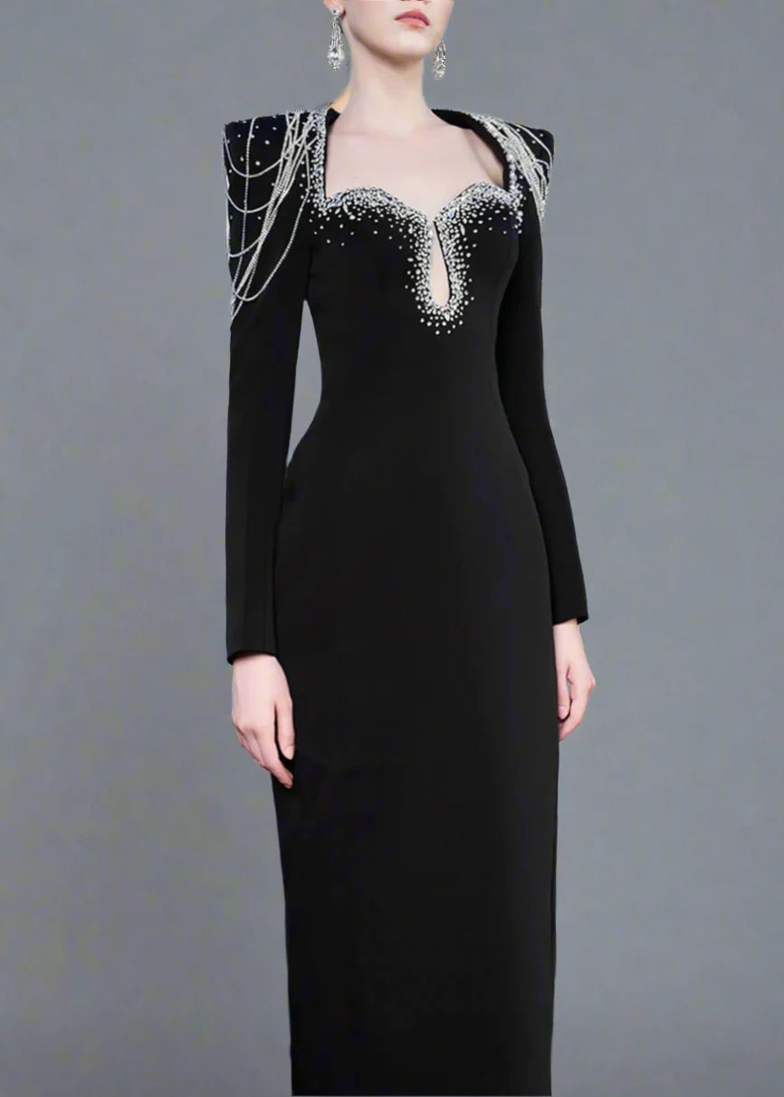 Long-Sleeve Column Dress with Beaded Shoulder Chains - ASTRA