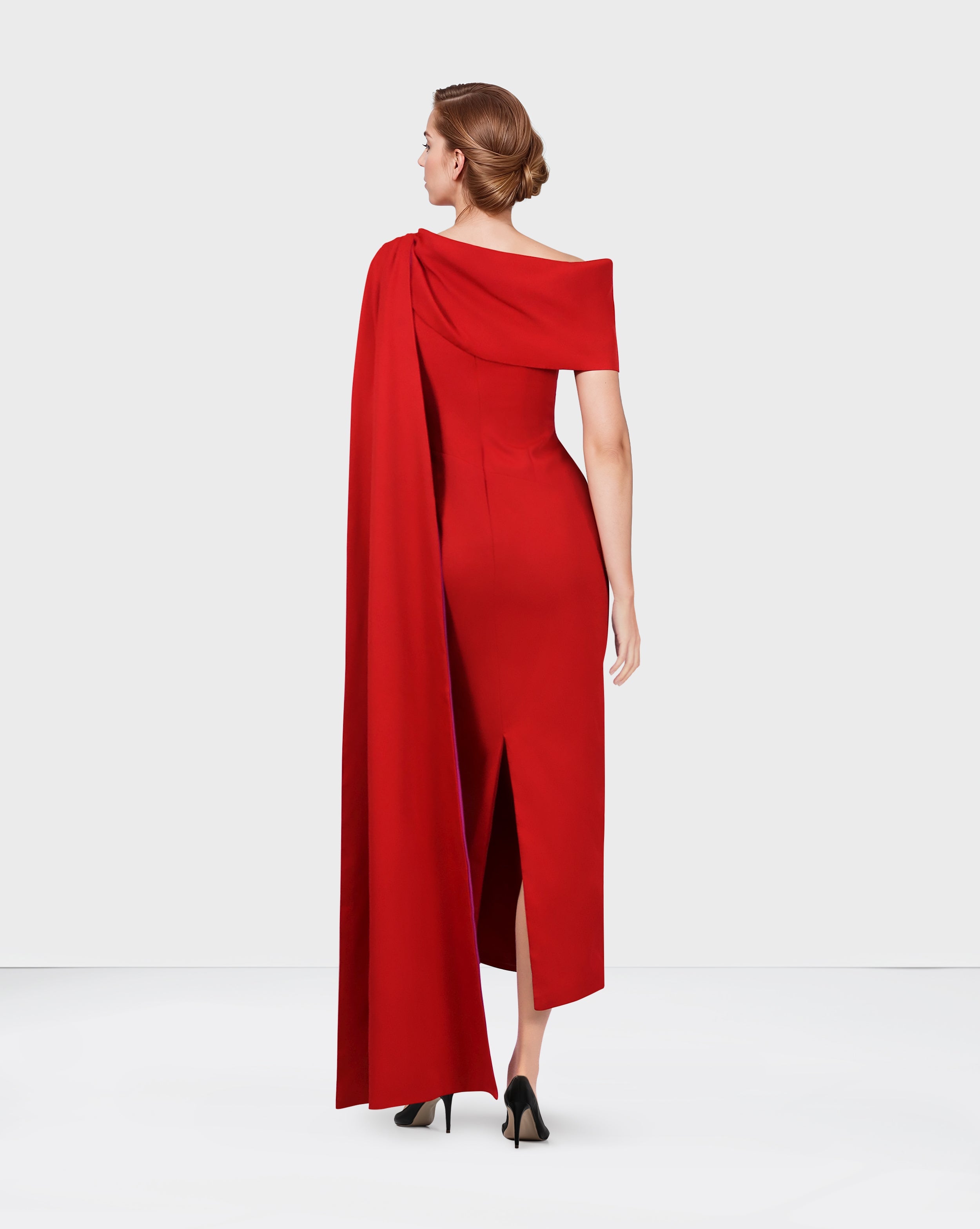 Red shoulder off dress with side cape - ROLOH