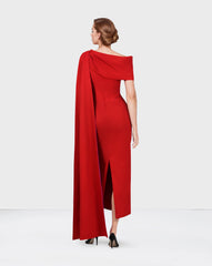 Red shoulder off dress with side cape - ROLOH