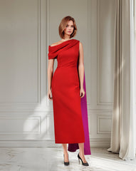 Red shoulder off dress with side cape - ROLOH