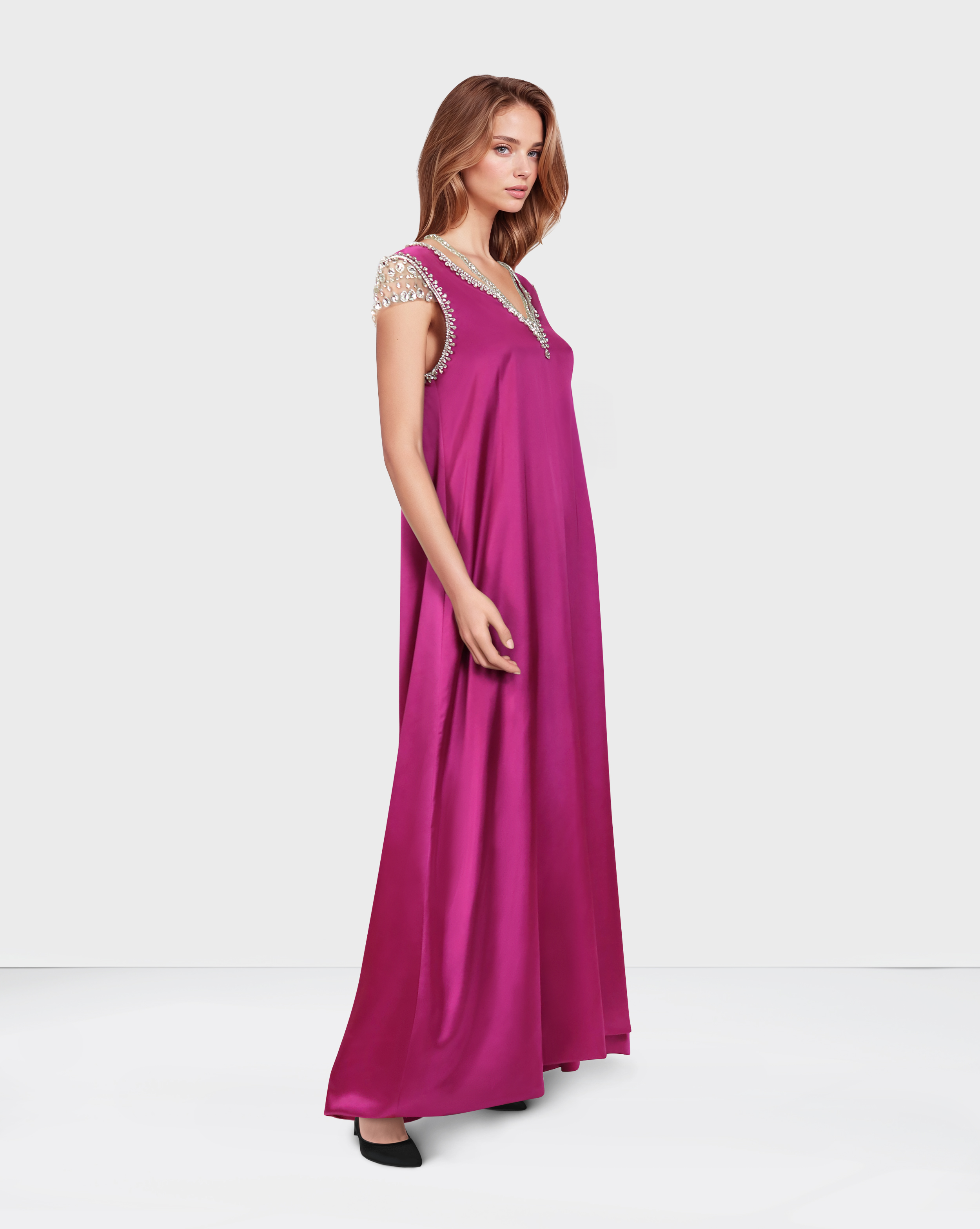 Neck and shoulder beaded dress with loose-fitting - ROZEN