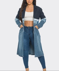 color-block denim panel longline jacket - Zalien