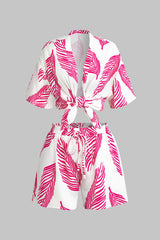 Leaf Print Drawstring Shorts Set