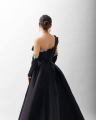 Off-shoulder ball gown with draped bodice and embellished sleeves – NOCTURNA