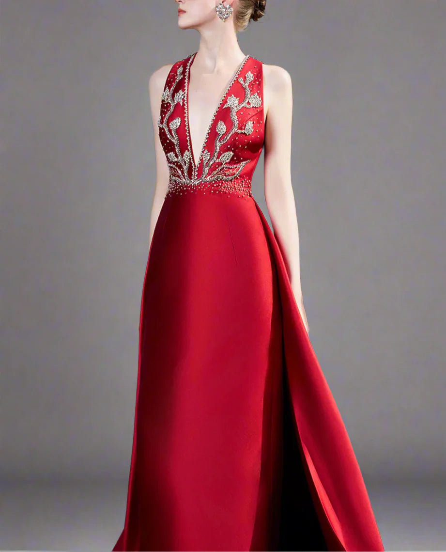 Plunging Halter Gown with Embellished Bodice - Susan