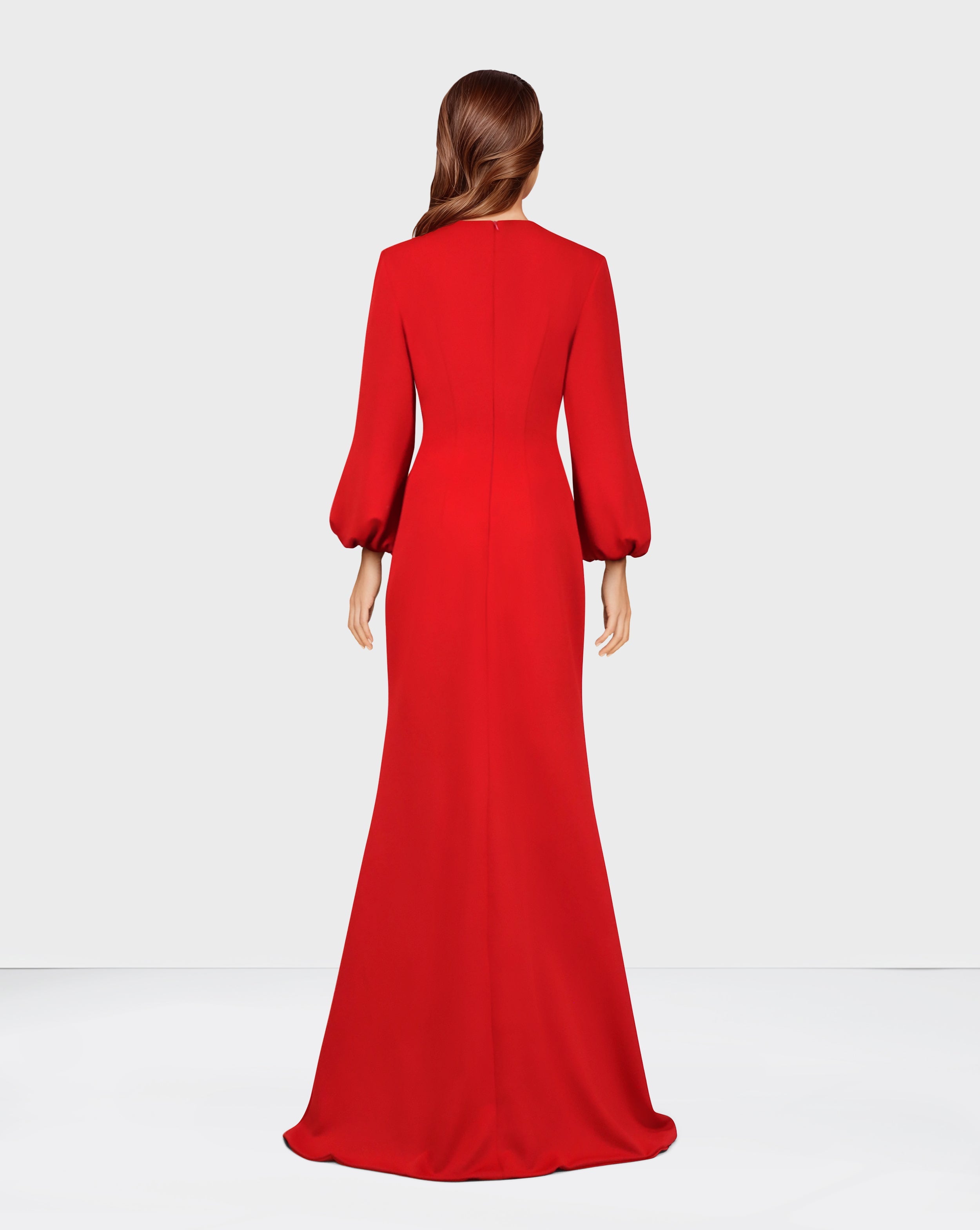Red Floor-Length Beaded Dress with Puffed Sleeves
