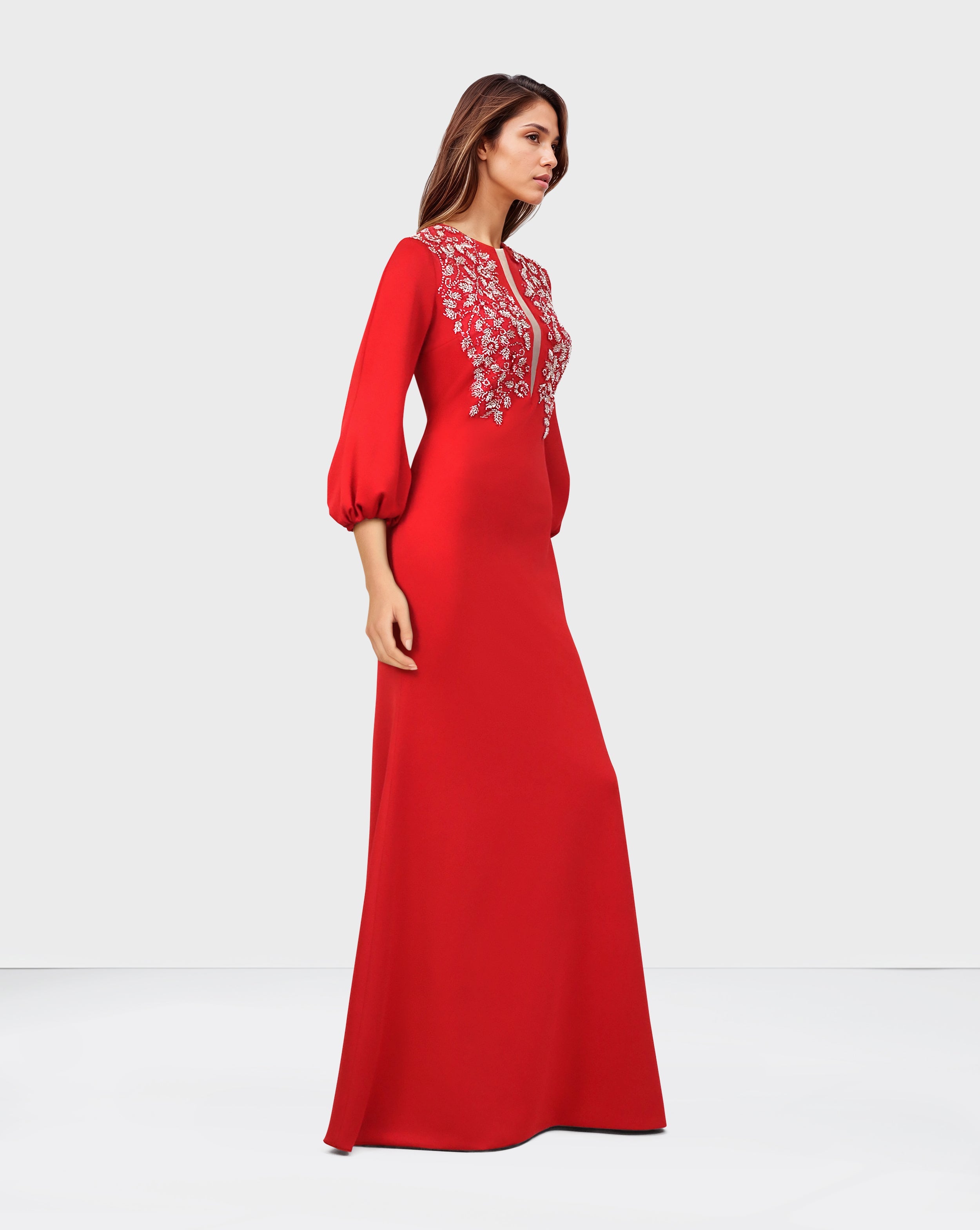 Red Floor-Length Beaded Dress with Puffed Sleeves