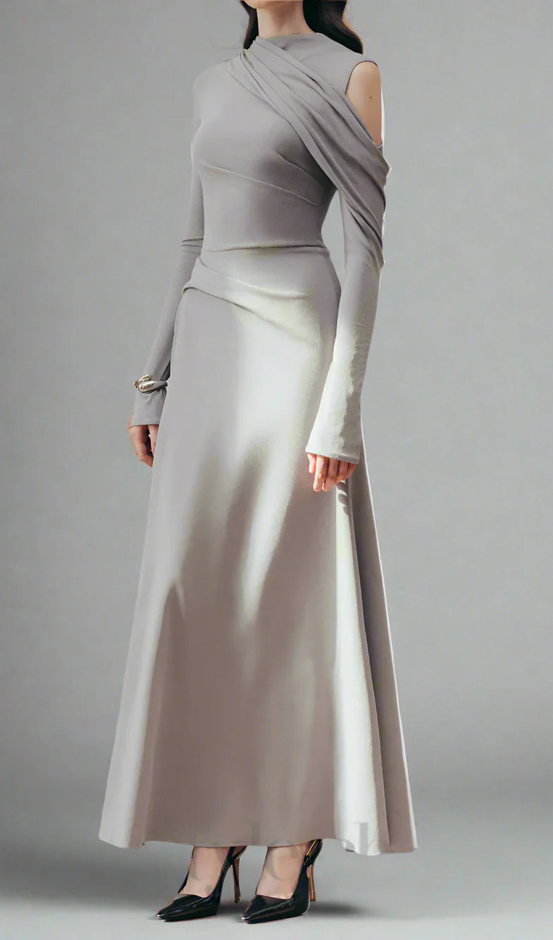 one-sleeve draped satin dress with cut-out shoulder - Magena