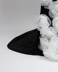 Shoulder-off column dress with 3D flowers and a train
