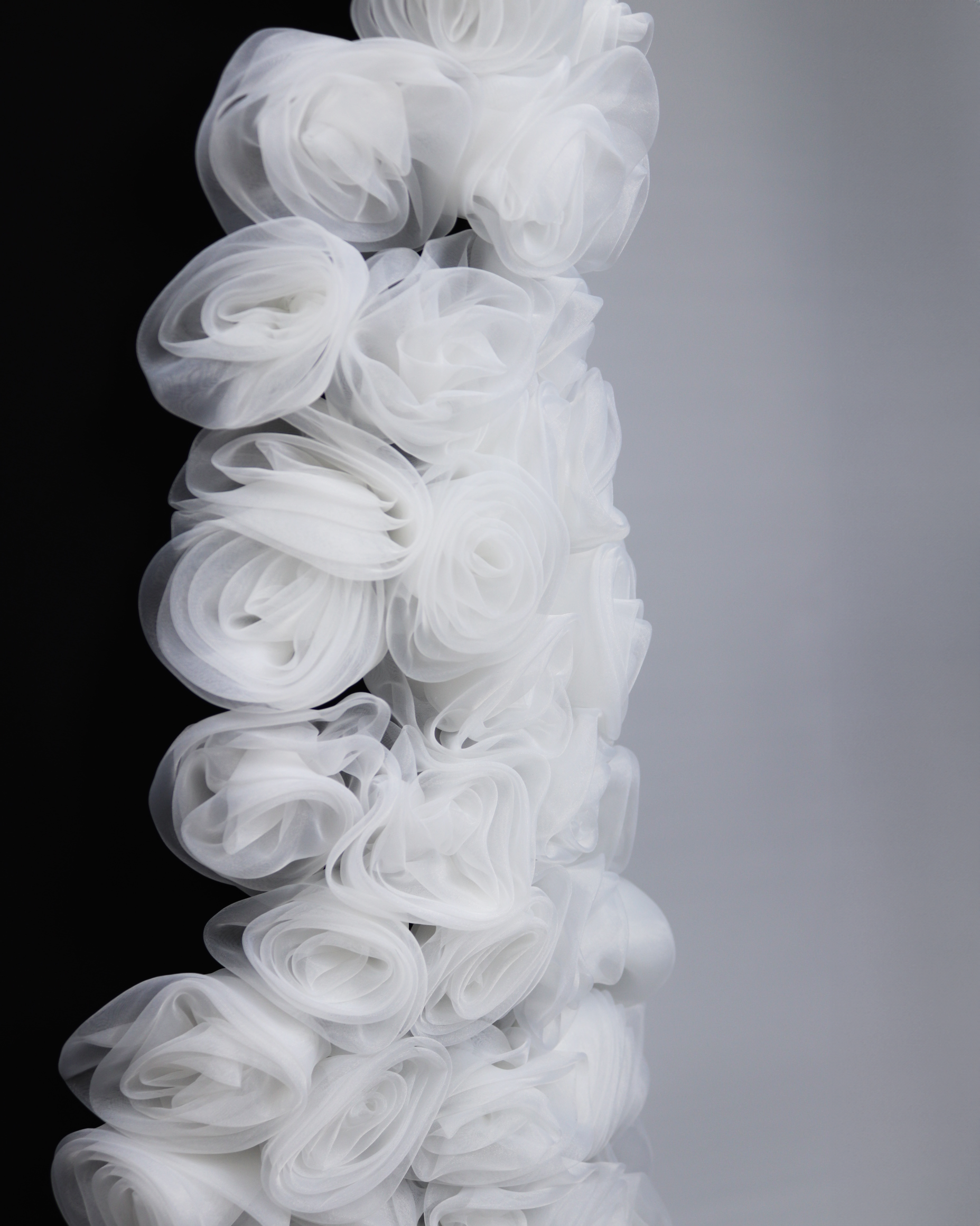 Strapless column dress with one sleeve and side 3D flowers